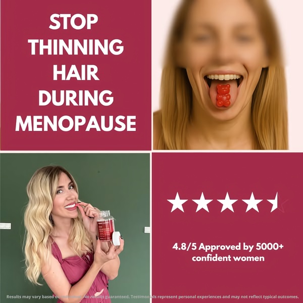 A split-screen, 1:1 format advertisement that highlights hair thinning during menopause with a direct headline and customer review-based social proof.